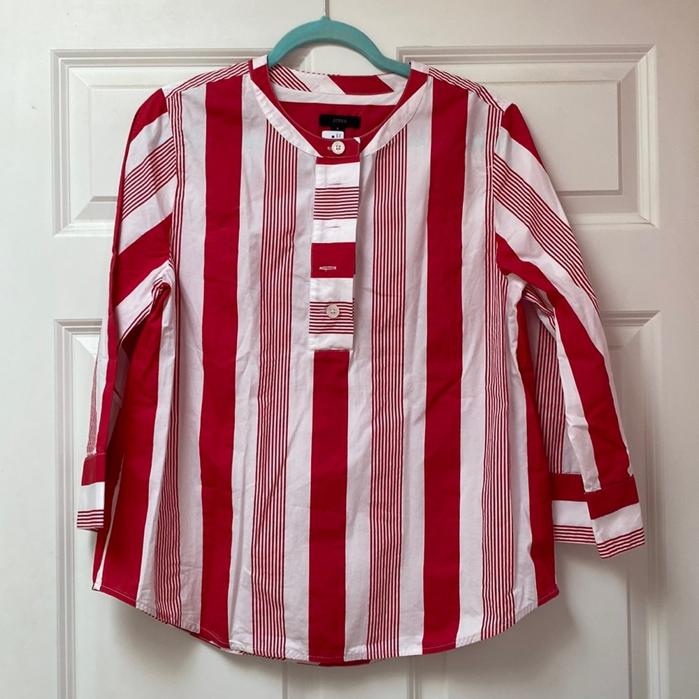 NWT J Crew Red Striped poplin popover top
